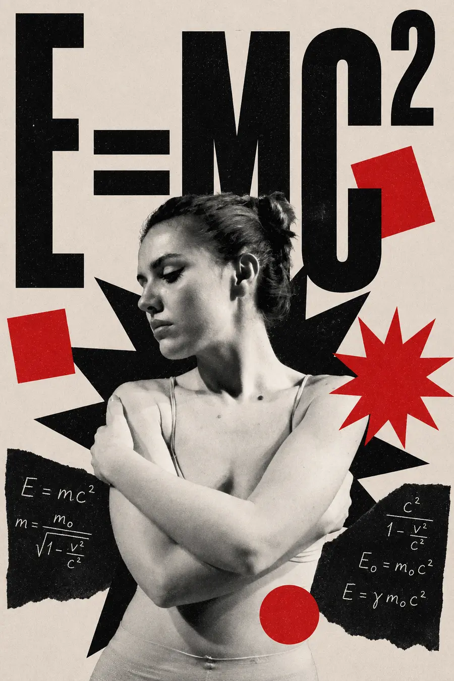 Cartel «E=MC²»: retrato en blanco y negro de una mujer con los brazos cruzados, rodeada de ecuaciones y formas geométricas rojas