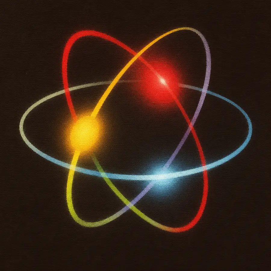 Ilustración de un átomo con órbitas de electrones de colores sobre fondo oscuro