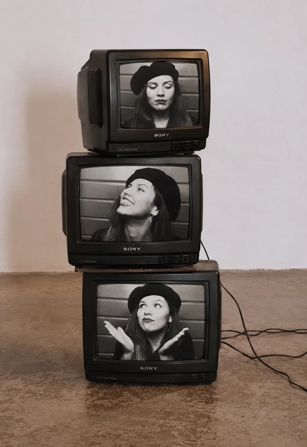 Tres televisores Sony antiguos apilados; en cada pantalla, un retrato en blanco y negro de Elisabet Solo con boina