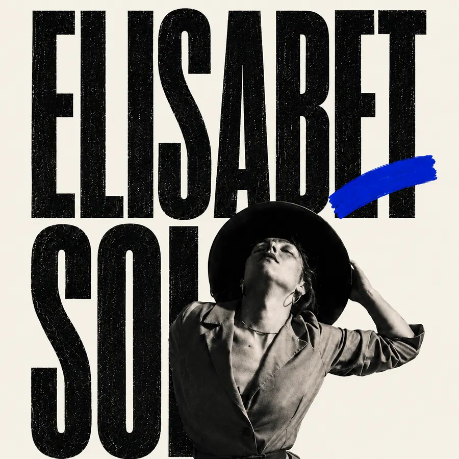 Cartel «ELISABET SOLO»: retrato de Elisabet con sombrero mirando hacia arriba junto a un trazo azul
